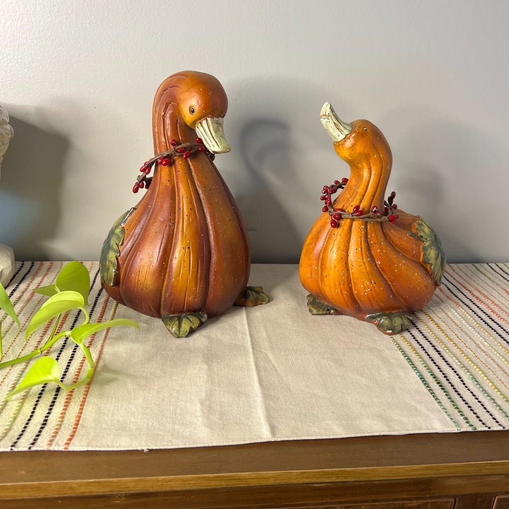 Pair Of  Vintage Pumpkin Gourd Duck Figurines Whimsical Fall Decor Cottage Core